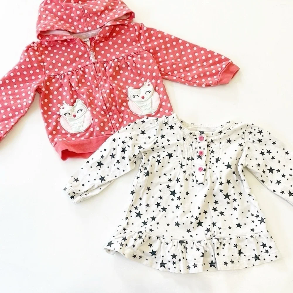 Carter's baby girls owl zip up jacket with hood + star print long sleeve top